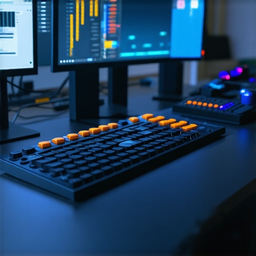 A detailed close-up of a futuristic editing setup featuring neural interface devices and haptic control surfaces for video and audio editing.