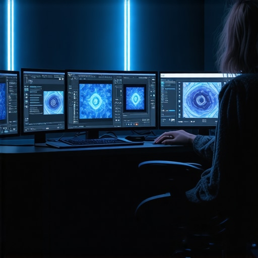 A high-tech editing studio featuring holographic displays and tactile haptic devices for content creation