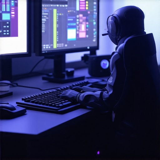 A high-tech editing setup featuring neural sensors, haptic devices, and immersive displays.