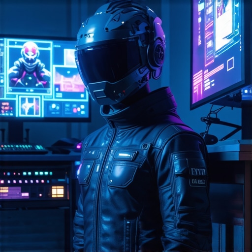 An editor wearing a neural feedback helmet controlling multimedia assets in a high-tech studio.