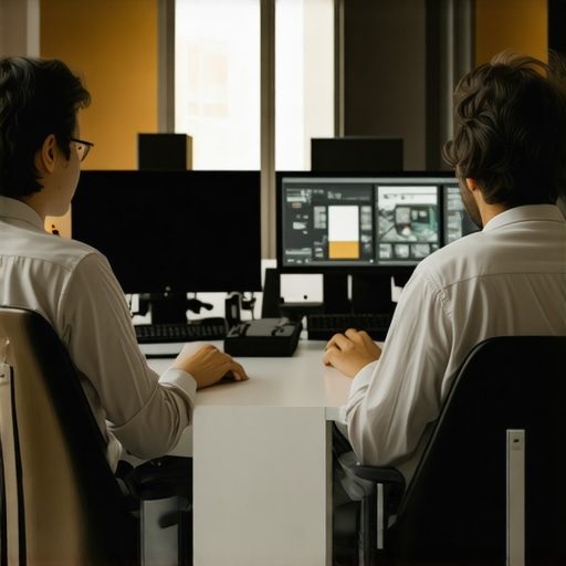 A high-tech multimedia editing workspace featuring neural network interfaces and creative professionals working together.