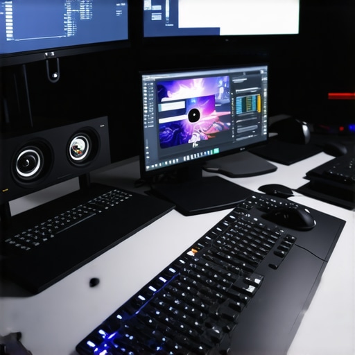A hyper-advanced digital content creation environment featuring neural interfaces, high-speed SSDs, and immersive monitors.