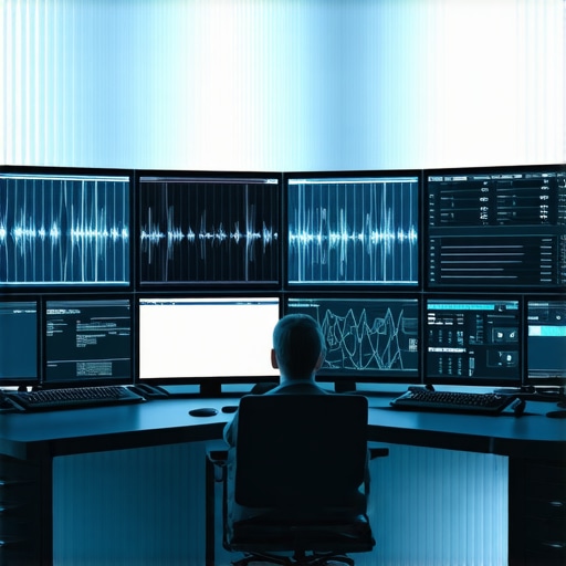 A high-tech multimedia editing space featuring neural network controls and large screens