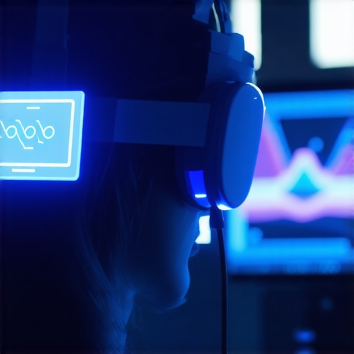 A person wearing a neural interface headset and using a tactile control panel for media editing