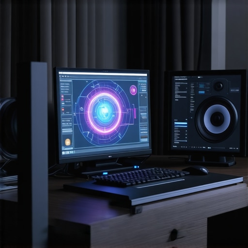 A futuristic media editing setup featuring advanced quantum and neuromorphic computing systems with holographic controls