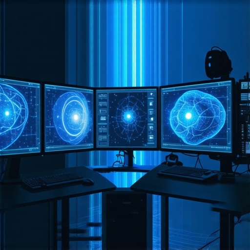 Futuristic workspace with holograms and neural network displays