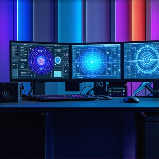 Futuristic media editing workspace with holographic controls and quantum computers