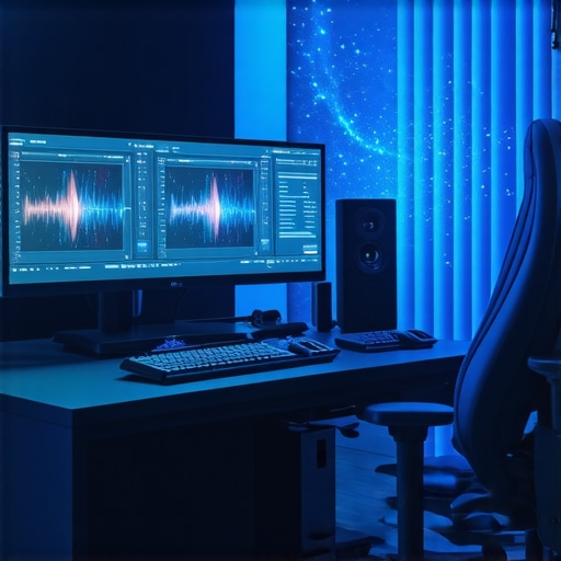 A high-tech editing station featuring holographic interfaces and quantum processors