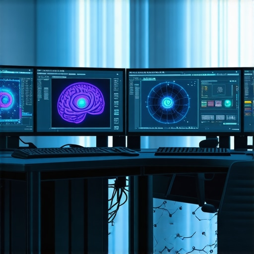 Futuristic creative workstation with neural AI hardware and vibrant content displays