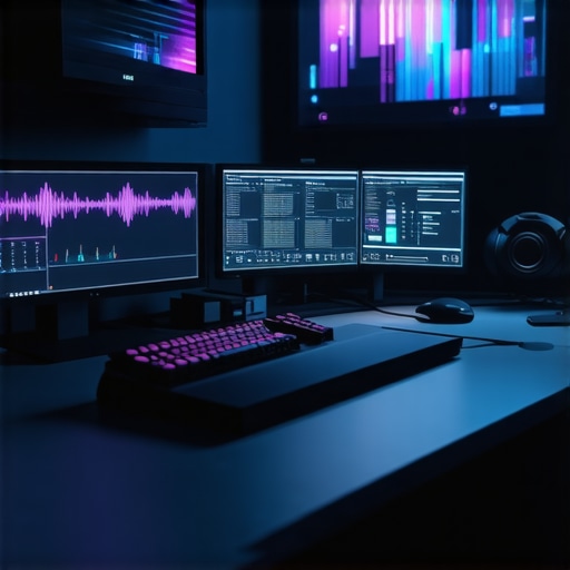 Futuristic editing workspace showcasing neural and haptic interfaces