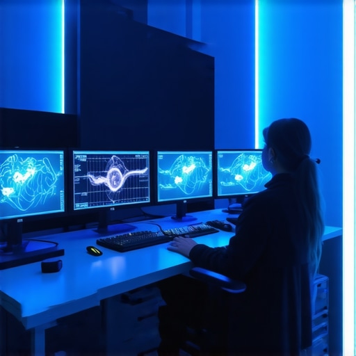 A high-tech editing room featuring neurofeedback devices, holographic monitors, and tactile interfaces for immersive content creation