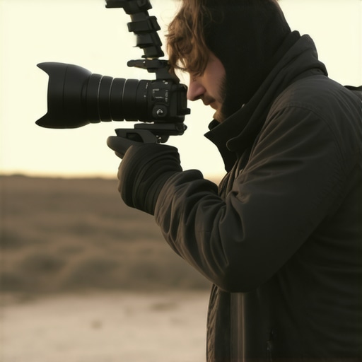Filmmaker using rugged camera and stabilizer outside in windy conditions