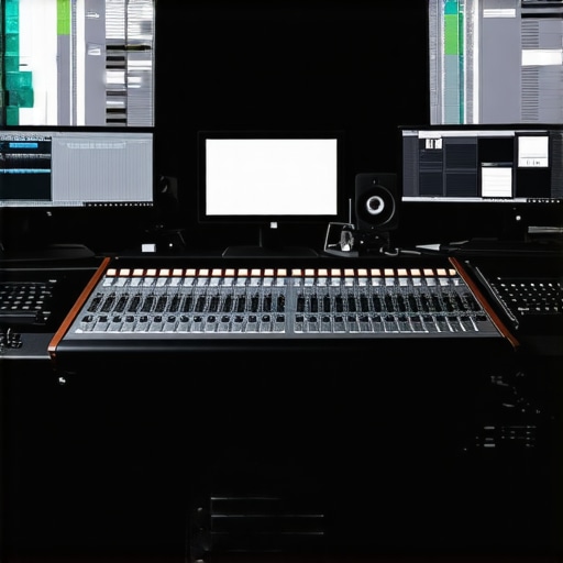 Professional audio editing workspace featuring control surfaces, MIDI controllers, and dual monitors.