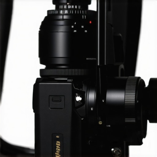 Technician calibrating a camera sensor with specialized equipment in a controlled environment.
