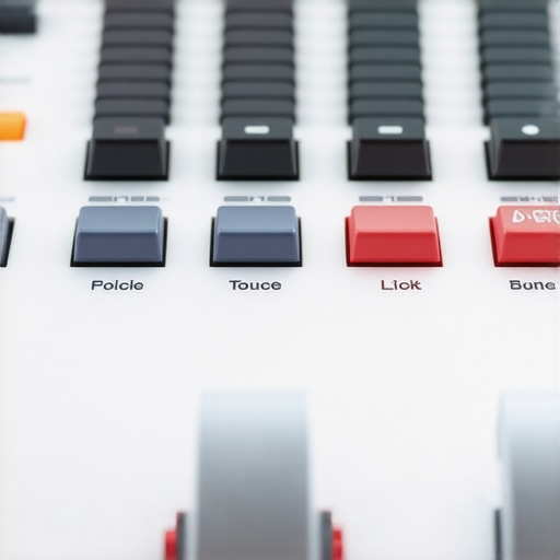Close-up of a professional control surface with customizable dials and touch controls for editing.