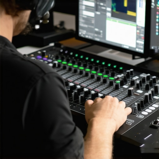 Video editor manipulating a digital control panel for precise post-production adjustments.