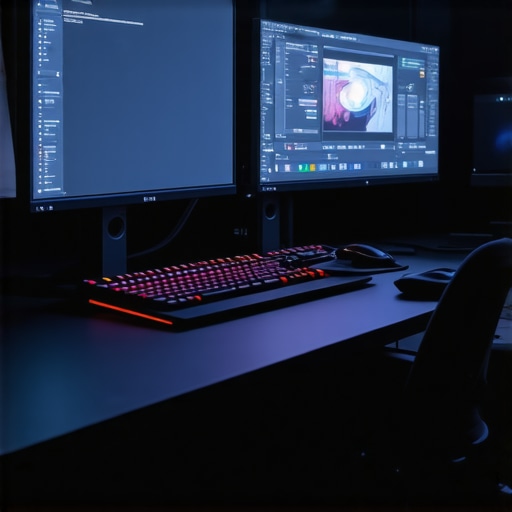 A modern video editing station featuring control surfaces and ergonomic devices