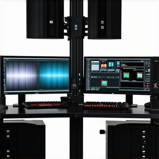 A professional editing workstation featuring multiple monitors, high-speed storage, and powerful GPUs designed for ultra-high-resolution video editing