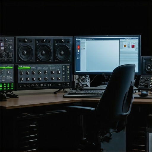 A professional editing workstation featuring mechanical dials, haptic controllers, and ergonomic designs for high-resolution projects