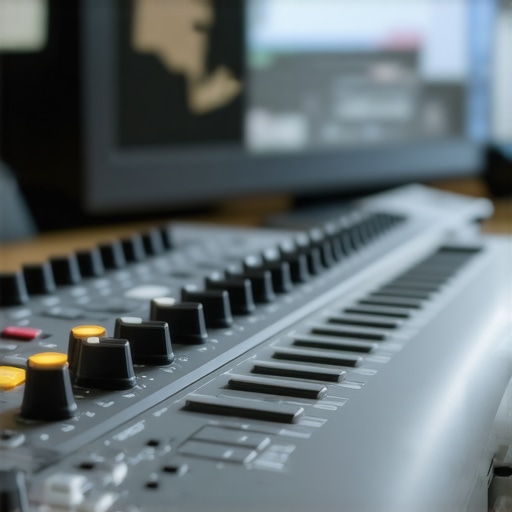 Video editor working with tactile feedback control surface and customizable accessories in a high-tech editing studio.
