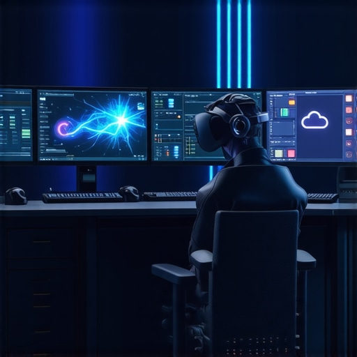 Modern editor's workspace featuring GPU, cloud interface, and VR headset for high-resolution and immersive content production.