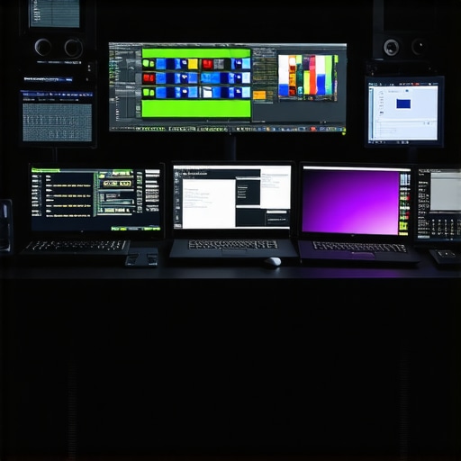 Professional video editing workstation featuring multiple monitors and control panels for color grading and audio editing