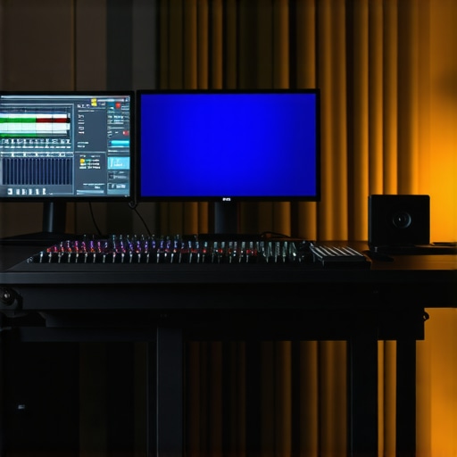 Modern multimedia editing workstation with control surface and calibrated display