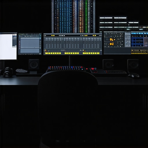 Modern editing desk featuring a haptic control surface and multiple monitors for high-resolution projects.
