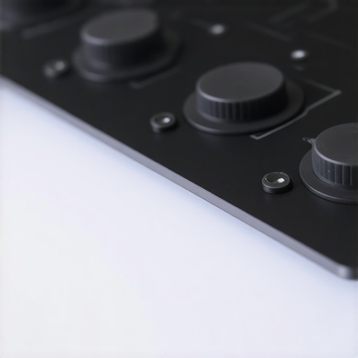 Close-up of a modern haptic interface with tactile dials and pressure sensors for professional editing