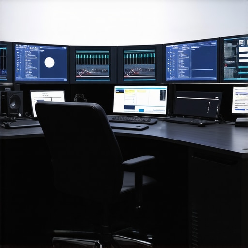 A cutting-edge multimedia editing workstation featuring AI accelerators, modular components, and high-resolution monitors, illustrating next-generation hardware integration.