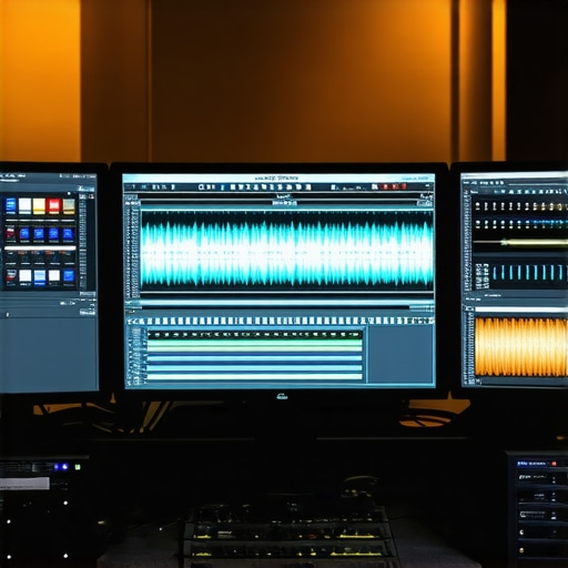 Photo of a sleek editing workstation with dual monitors showing photo layers and audio waveforms.