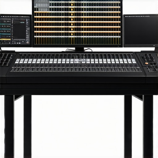 A high-end multimedia editing station with color grading, audio mixing, and compositing software.