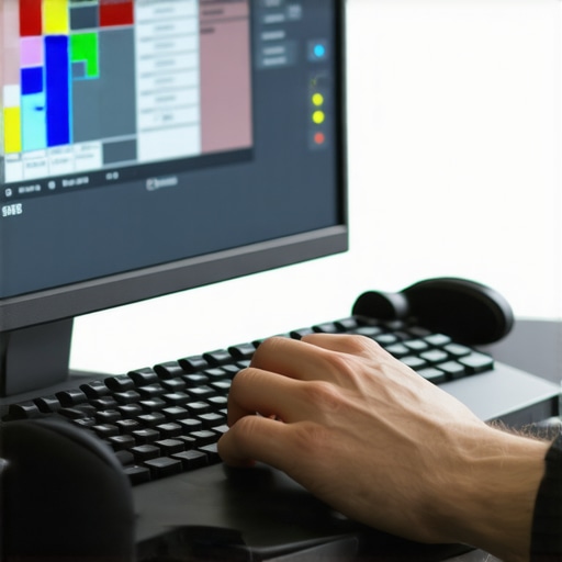 A close-up of a hand operating a weighted haptic dial controller in a modern editing studio.