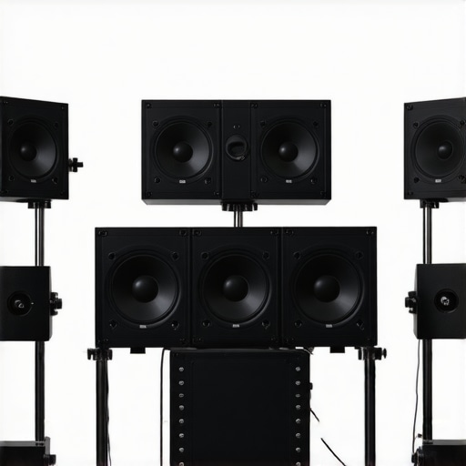A detailed view of a professional ambisonic speaker array used for spatial audio calibration.