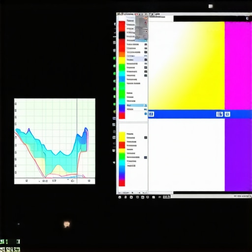 A technician calibrating a high-end monitor with specialized equipment in a dark room.