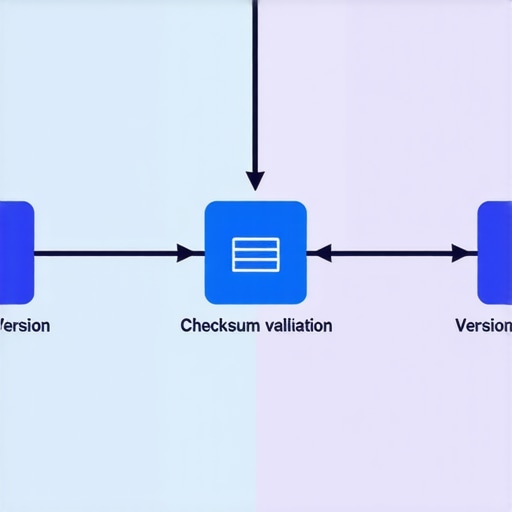 Illustration showing automated conflict detection, checksum verification, and version control integration in media management.