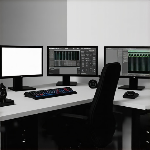 Modern digital editing workstation featuring multi-screen setup, tactile control devices, and SSD storage for professional content creation.