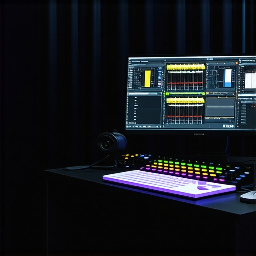 Modern content editing station with customizable control surfaces and high-end monitors.
