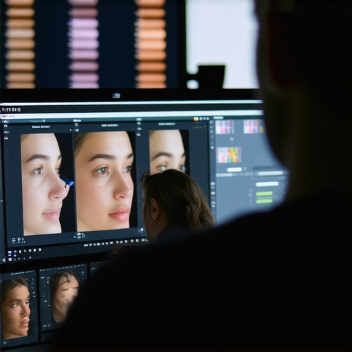 Editor using secondary color correction tools to preserve natural skin tones during post-production.