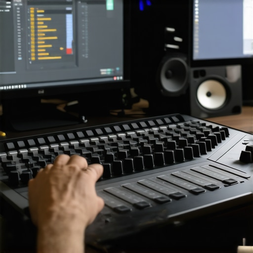 A workspace setup with a professional-grade control surface for video editing.