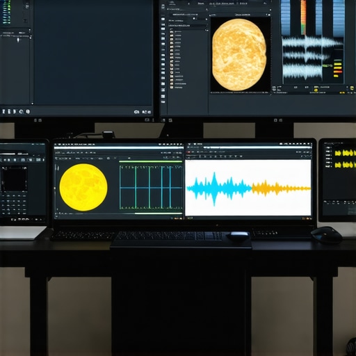 Photo of a workspace with screens showing depth mapping and spectral analysis for photo and audio editing.