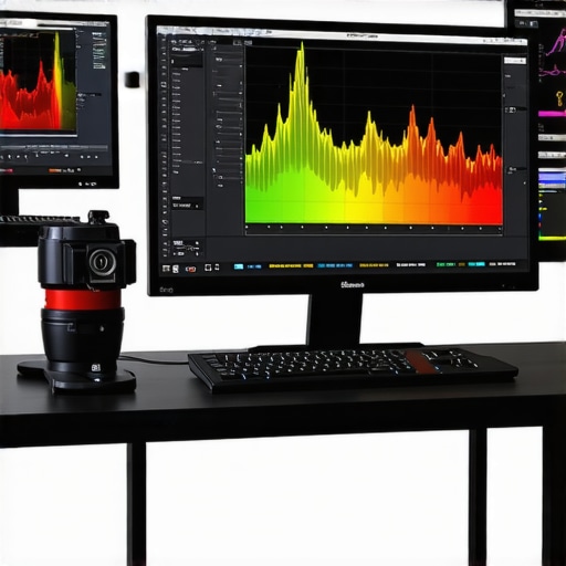 Color grading studio with spectral measurement tools and calibrated monitor for skin tone precision.