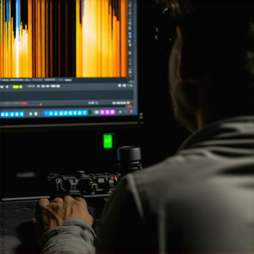 Colorist working with scopes on a calibrated monitor during high-end video grading.