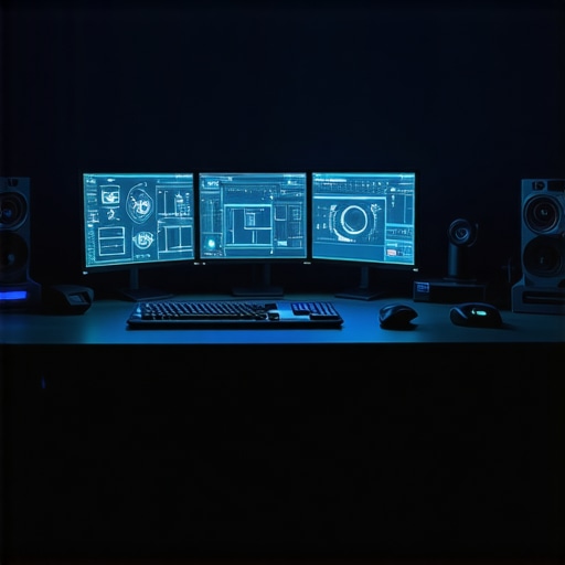 Futuristic editing workspace featuring neural interfaces and haptic controllers.