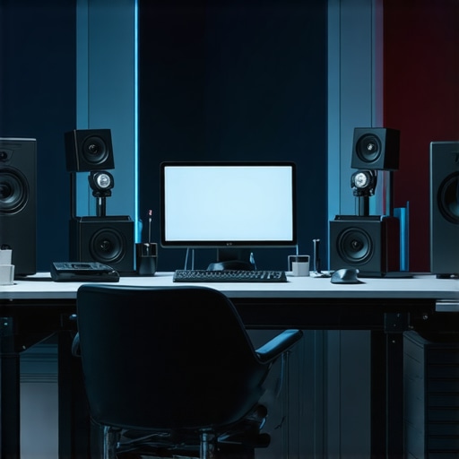 A modern media editing studio featuring AI tools, multisensory interfaces, and advanced hardware setups.