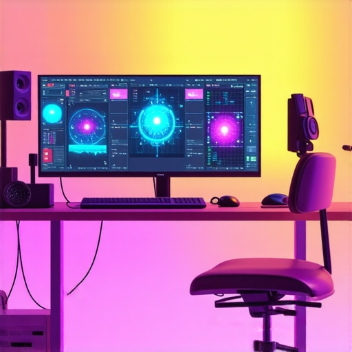 An advanced editing setup featuring holographic displays and tactile interfaces in a high-tech studio.