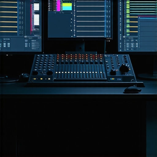A sophisticated media editing studio equipped with high-tech monitors, control devices, and AI interface displays.