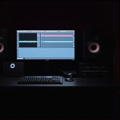 A modern professional editing workstation with calibration monitors, control surfaces, and surround sound speakers.