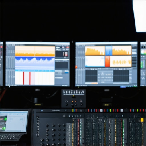 Professional video editing workstation with multiple screens and color grading tools.