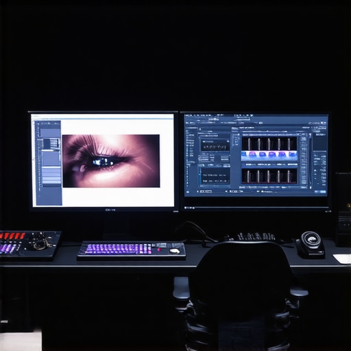 A professional colorist's workspace featuring calibrated monitor, control surface, and advanced editing tools.
